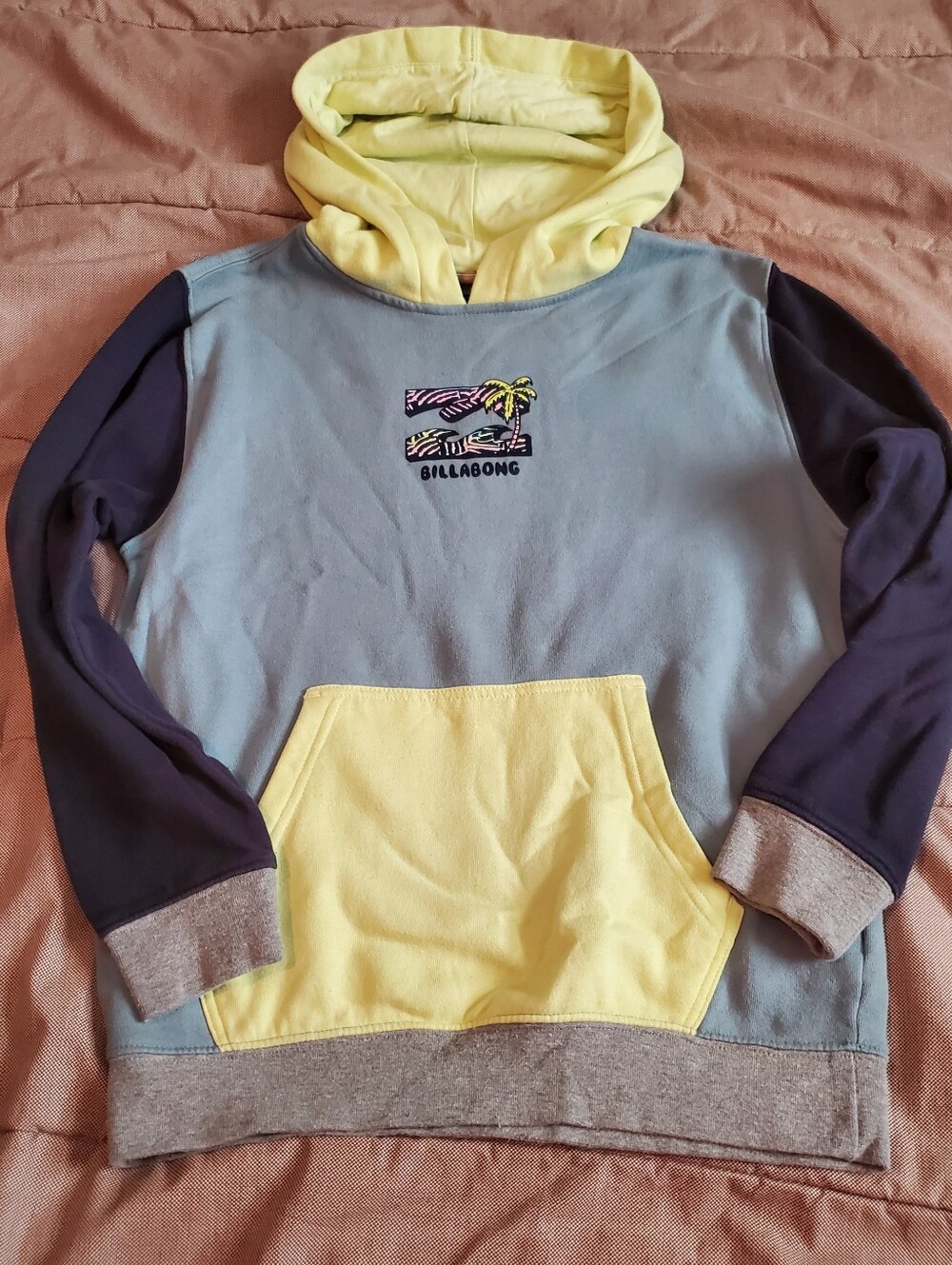 Billabong Youth United Colorblock Hoodie Blue Yellow Palm Tree Graphic Large 14
